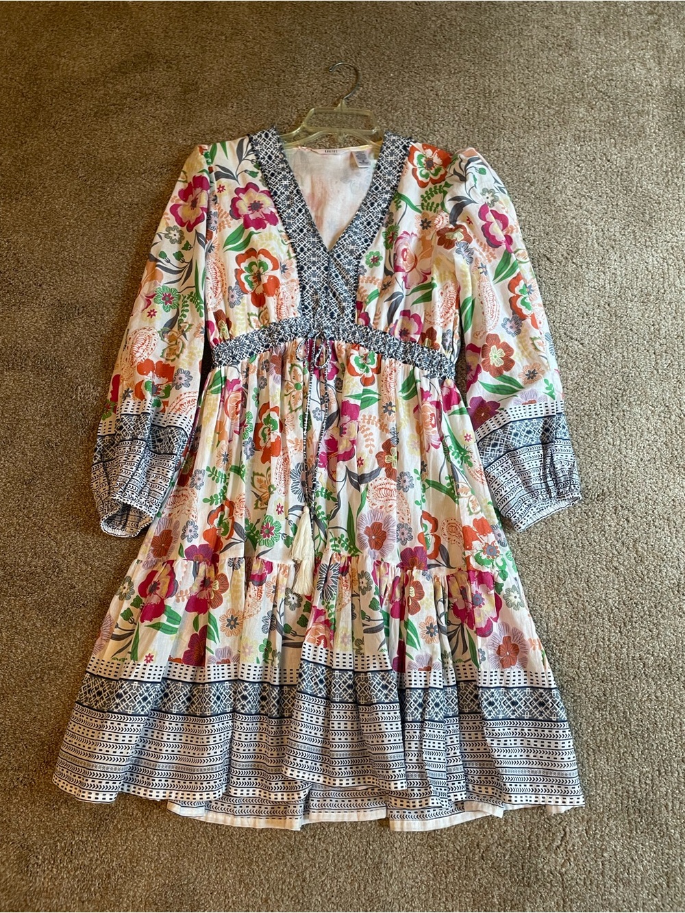 Kaktus Boho Floral Tiered Womens Dress with Blue Trim Size M V Neck Cottagecore - Picture 8 of 12